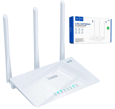 Настільний Настінний Бездротовий WIFI Роутер Маршрутизатор для дому та офісу HOCO HI30 2.4 ГГц Антена 3шт Стабільний Інтернет WiFi4 300Мбіт/с 1 WAN 3 LAN White