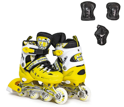 РОЛИКИ раздвижные + КОМПЛЕКТ ЗАЩИТЫ (на колени, локти и ладони) Scale Sports желтые, размер 38-41