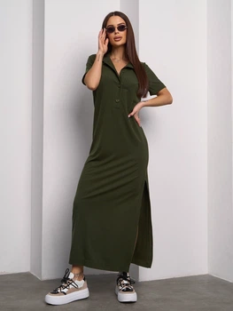 Платье-футболка длинное летнее женское ISSA PLUS 14756A 3XL Хаки (issa2007682722273)