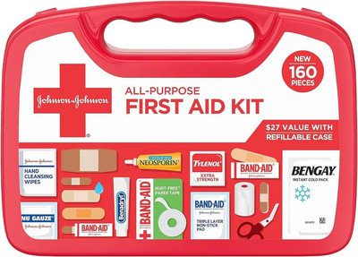 Універсальна аптечка Johnson & Johnson First Aid Kit для дому, автомобіля, подорожей, 160 предметів