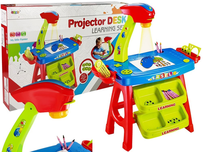 Stolik edukacyjny z projektorem LEAN Toys Niebiesko Czerwony, szufladki i szablony (5903802459197)