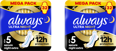Упаковка Гігієнічних прокладок Always Ultra Secure Night Extra Розмір 5 32 шт + 32 шт (8700216450423_1)