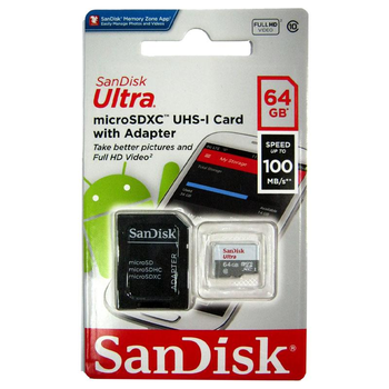 Карта памяти micro-SDXC 64Gb SanDisk Class10 UHS-1 Ultra 100Mb/s+SD adapter (55432)