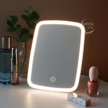 Дзеркало для макіяжу зі світлодіодною підсвіткою LED Makeup Mirror, прямокутне настільне косметичне дзеркало із 3 режимами освітлення, сенсорним керуванням, та регульованим кутом нахилу Біле GFRE-811-White