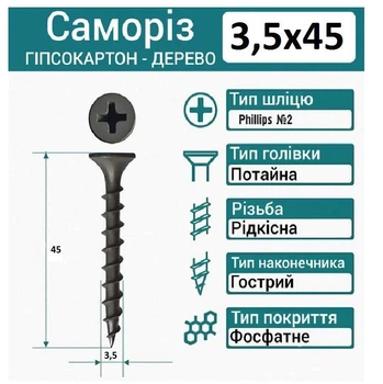 Саморез-шуруп 3,5х45 по дереву чёрный, 500 шт