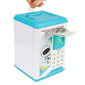 Копилка детская электронная с кодовым замком и приемом банкнот и монет Intelligence Money Box, интерактивный сейф для денег с купюроприемником, звуковыми и световыми эффектами на батарейках Голубая, GTB-3-Blue