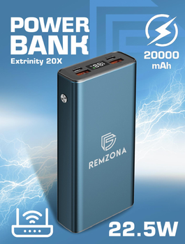Повербанк 20000 mAh 22.5W Remzona Extrinity Metal 20X зі швидкою зарядкою PD Quick Charge 3.0 Fast Charge УМБ для телефона айфона роутера планшета LED дисплей портативний + кабель USB-A USB-C
