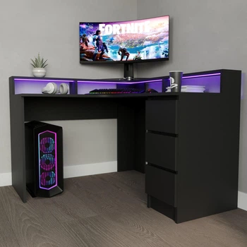 Стол угловой игровой Данте с подсветкой RGB Черный L=1200/1300мм (арт.SKRZ1000-147)