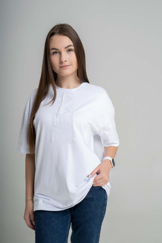 Женская oversize футболка с геометрическим белым орнаментом по белому Melanika "Низина" S-M