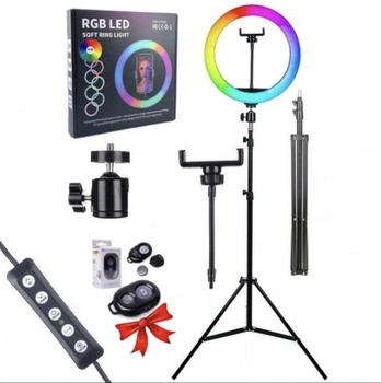 MJ33 кільцева LED лампа 33 см RGB живлення USB Штатив 2.1м та пульт Bluetooth в подарунок
