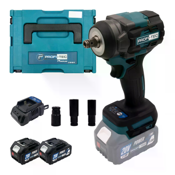 Акумуляторний гайковерт PROFI-TEC PTW502 (20 В, 400 Нм, 1/2″) (2 х PT2040MP (4.0Аг), зарядний пристрій BC20V, кейс) + 3 головки: 19 / 21 / 22 мм (007030)