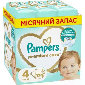 Подгузники Pampers Premium Care размер 4 (9-14 кг), 174 шт, комплект на месяц