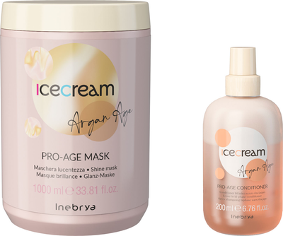 Маска Inebrya Pro-age Mask з аргановою олією 1000 мл + Двофазний спрей-кондиціонер Conditioner з аргановою олією 200 мл (8033219166870/8008277263335/8008277263311)