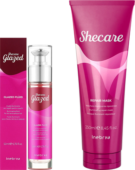 Краплі-флюїд для блиску волосся Inebrya Shecare Glazed Fluid 50 мл + Маска для волосся Repair Mask Відновлююча 250 мл (8008277264417/8008277262765)