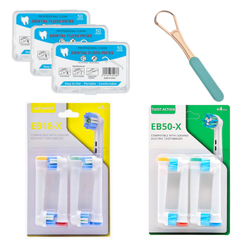 Комплект насадок для Oral-B: 3D White 4 шт, Cross Action 4 шт, флосс-зубочистки и скребок для языка