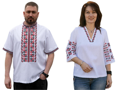 Парные вышиванки женская и мужская Оберег летние 12658020411 лен (XL)104-108 белые с красно-черным орнаментом (1265820411100)