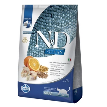 Фармина сухой корм для кошек N&D LOW GRAIN OCEAN ADULT чувствительно пищеварение с треской и апельсином, 5 кг