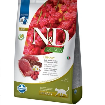 Фарміна сухий корм для кішок N&D QUINOA URINARY DUCK & CRANBERRY ADULT при сечокам'яній хворобі з качкою та ромашкою, 5 кг