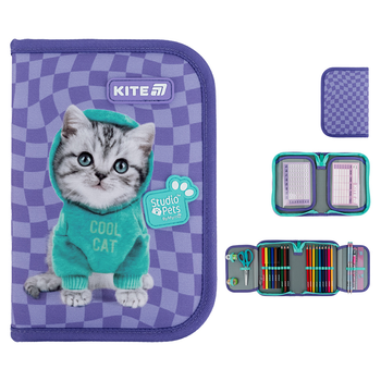 Пенал шкільний з наповненням Kite Studio Pets 1 відділення 2 відвороти 20.5х14х4 см Фіолетовий (SP25-622H-2)
