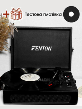 Вініловий програвач Fenton Voyager Black з Bluetooth IN/OUT для всіх платівок, для початківця, оцифровка платівок, вбудовані динаміки, фонокорекор, еко-шкіра + Тестова платівка