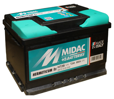 Аккумулятор 6СТ-72 MIDAC HERMETICUM 12V, 72Ah (-/+) низкий евро, Мидак Герметикум, 12В, 72Ач, EN680А