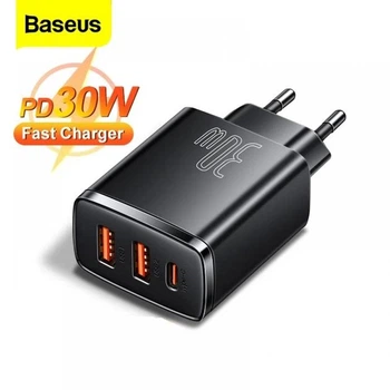 Мережевий зарядний пристрій 30W Baseus 3A три порти 2USB+Type-C Швидка зарядка QC3.0+PD3.0 Black