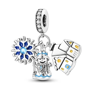Шарм для браслета Pandora, Новогодний Домик Снежинка Снеговик