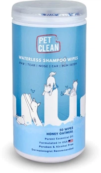 Салфетки влажные Pet Clean PET WATERLESS SHAMPOO WIPES для домашних животных, быстрая очистка складок с медово-овсяным ароматом 50 шт (8939111098762)