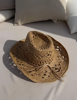 Шляпа ковбойка кофе с молоком с узорами плетная летная Cowboy