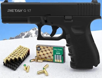 Стартовый шумовой пистолет RETAY G17 black Glok 17 + 50 шт холостых патронов (9 mm)