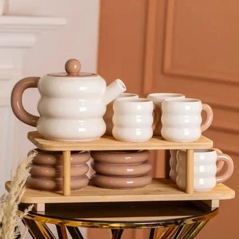 Эстетический классический чайный сервиз Donut керамический 14 предметов на 6 персон с двухуровневой бамбуковой подставкой набор посуды для чая чайник 1,3 л чашки с блюдцами 250 мл и подставка для подачи хранения и сервировки Yiwu Бежевый