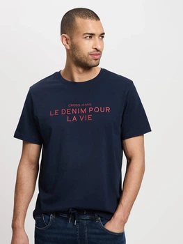 Футболка бавовняна довга чоловіча Cross Jeans 16076-001 2XL Темно-синя (8697319728910)