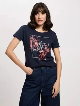 Koszulka damska bawełniana z nadrukiem Cross Jeans 56170-001 L Granatowa (8697319732085)