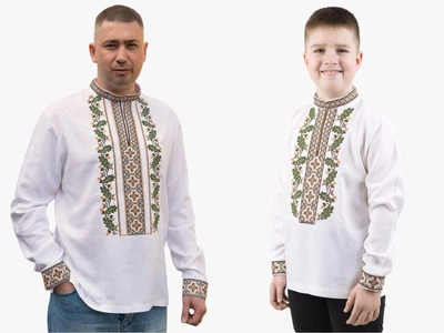 Семейные парные вышиванки папа и сын Дубочки льняные 318020411 лен мужская (L)96-100 для мальчика 110см белые (315050411110)