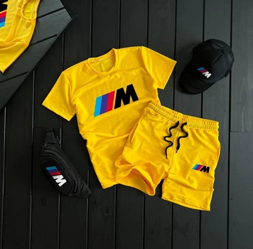 Костюм комплект чоловічий літо шорти футболка кепка бананка BMW XL жовтий