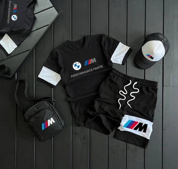 Костюм комплект чоловічий літо шорти футболка сумка кепка BMW M чорний