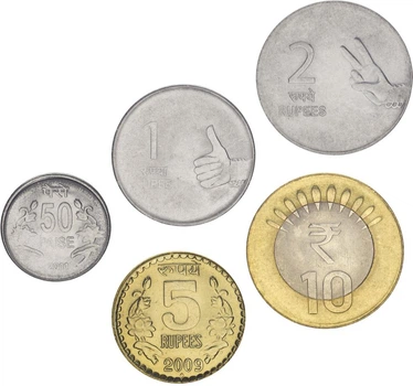 Набір монет Індія набір з 5 монет 2008-2009 UNC 50 пайса, 1, 2, 5, 10 рупій