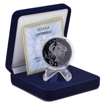 Монета Украина 5 гривен 2008 Серебро Proof Знаки зодиака - Рак (Ag 925, пол-унции, 15,55 грамм)