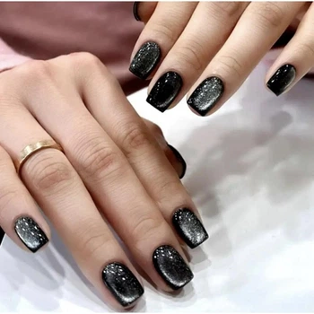 Накладные ногти Nail Cat Eyes кошачий глаз серебро, форма квадрат, короткие, 24 шт