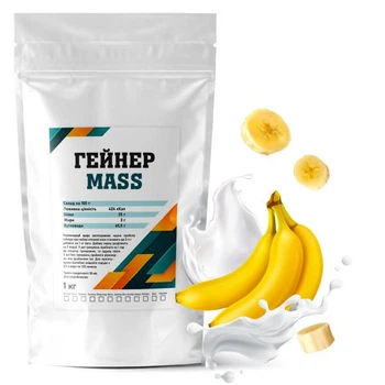 Гейнер вуглеводно-білковий Гадяч MASS 65,5% вуглеводів 1 кг висококалорійний Банан (14-125-G-b1)