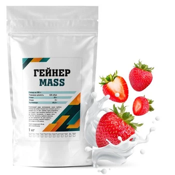 Гейнер вуглеводно-білковий Гадяч MASS 65,5% вуглеводів 1 кг висококалорійний Полуниця (14-125-G-p1)