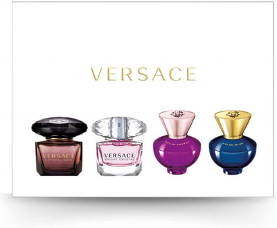 Zestaw miniaturek damskich Versace Miniatures Woda toaletowa Crystal Noir 5 ml + Woda toaletowa Bright Crystal 5 ml + Woda perfumowana Dylan Purple 5 ml + Woda perfumowana Dylan Blue Pour Femme 5 ml (8011003887576)