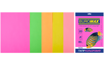 Папір кольоровий 80г/м, А4 5кол./4шт./20арк. BUROMAX 2721520-99, NEON, /BM.2721520-99/