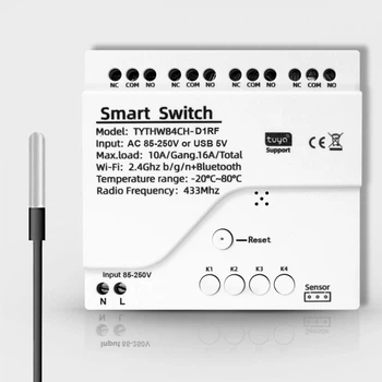 Чотириканальне WIFI реле з сухим контактом та вологозахищеним датчиком температури Tuya (AC 85-250V)
