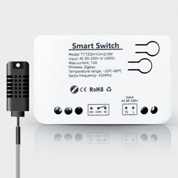 Одноканальне Zigbee релe з сухим контактом та датчиком температури та вологості Tuya (AC 85-250V)