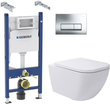 Інсталяція GEBERIT Duofix Basic 111.153.00.1 з кріпленням 111.839.00.1 + панель змиву Delta 50 хром глянцевий 115.119.21.1 + унітаз підвісний DEVIT Quadra 2030140 Rimless з сидінням Soft Close дюропласт