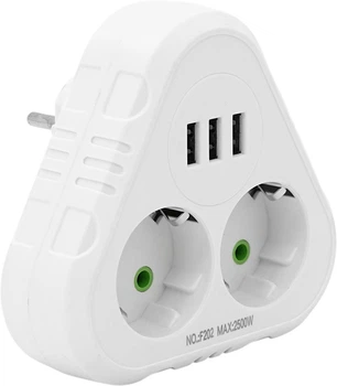 Мережевий розгалужувач Voltronic F202-White трійник з заземленням 2 розетки + 3 USB 1А, 2500W, 10A, 110-250V Max, Blister (YT38178)