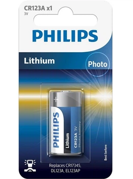 Батарейка литиевая Philips CR123A для фотокамер, напряжение 3В в упаковке 1шт. (CR123A/01B)
