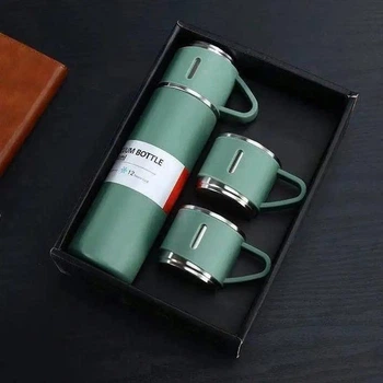 Термос Vacuum Bottle 500 мл з 3 чашками Вакуумна ізоляція Нержавійка Зелений у подарунковій упаковці