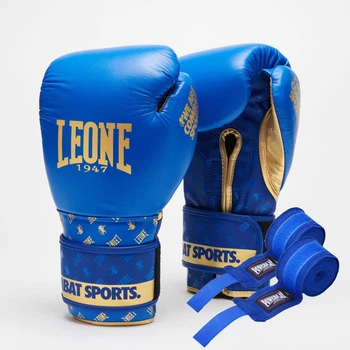 Боксерские перчатки Leone, кожа, 10 унций, синие с бинтами 4 м. (657742)